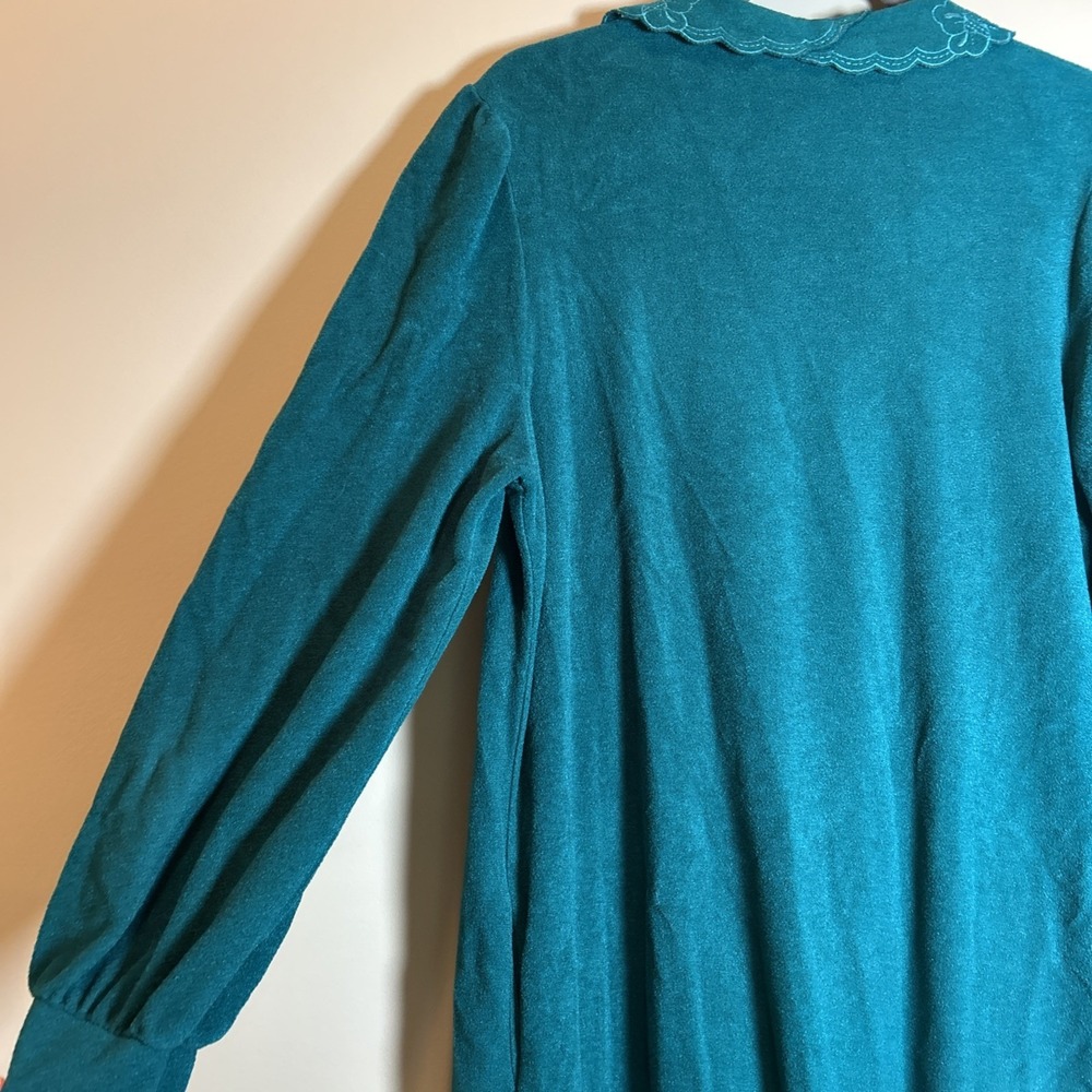 Vintage Vanity Fair Medium Green Lounger House Coat Robe Velour Collar 3/4 Snap - Picture 10 of 11
